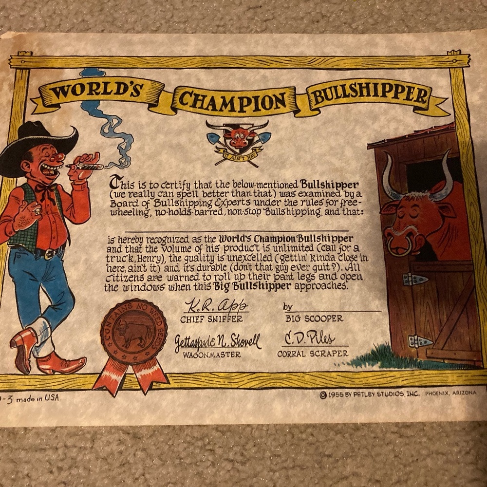 “World's Champion Bullshipper" Novelty Certificate
